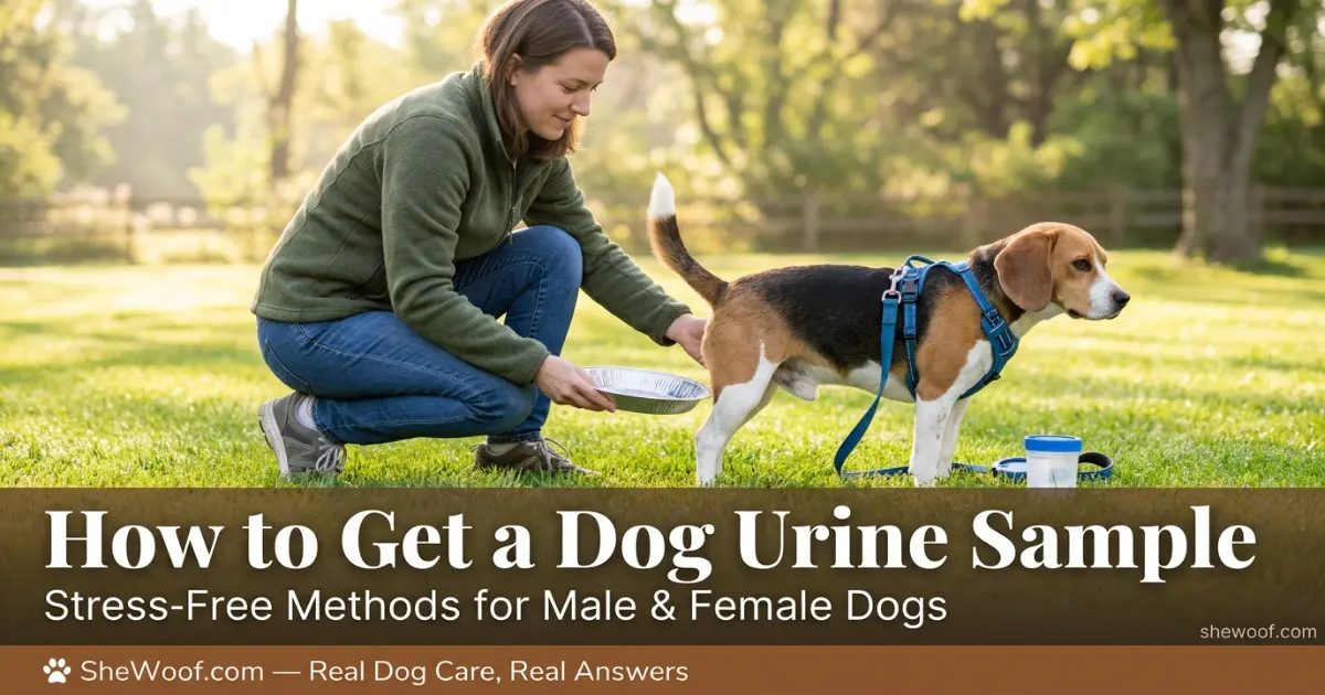 Owner collecting a urine sample from a dog using a shallow tray during a morning walk