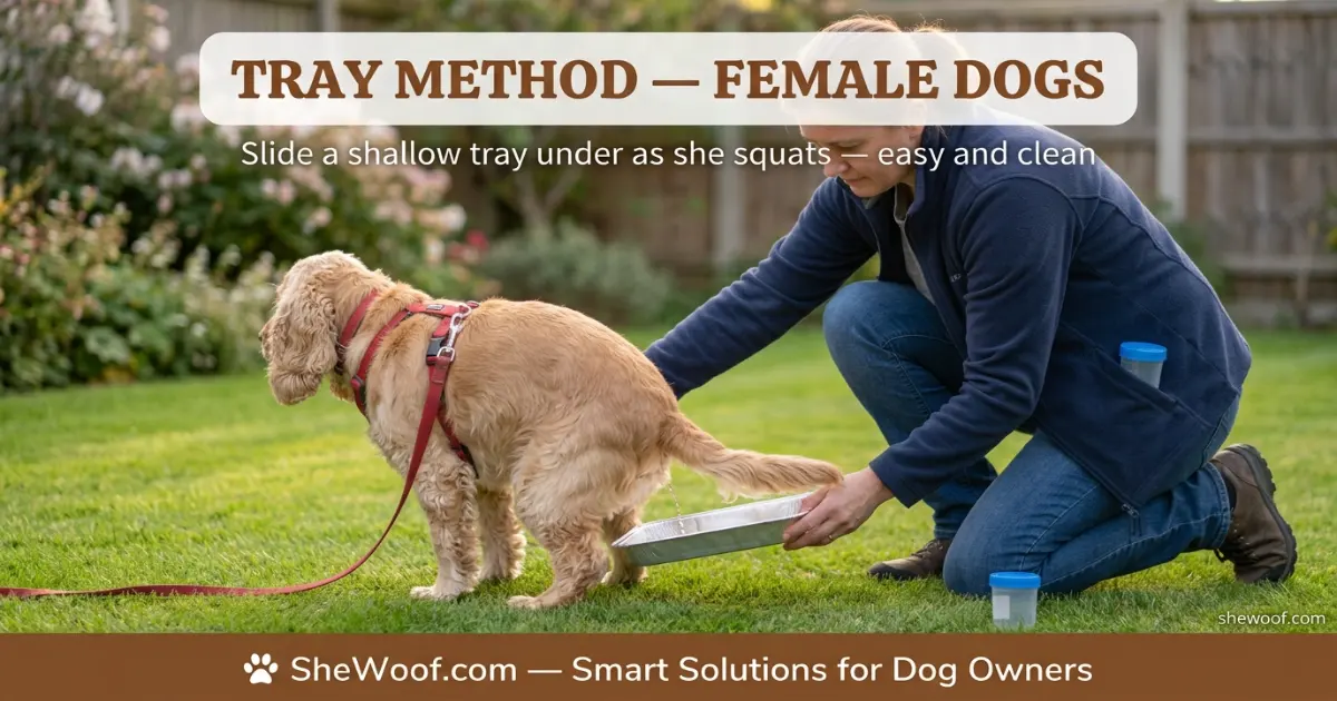 Shallow tray being used to collect a urine sample from a female dog squatting outdoors