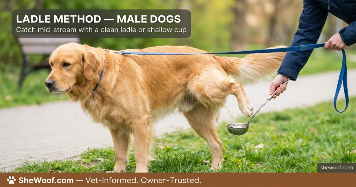 Collecting a urine sample from a male dog using a soup ladle during a walk