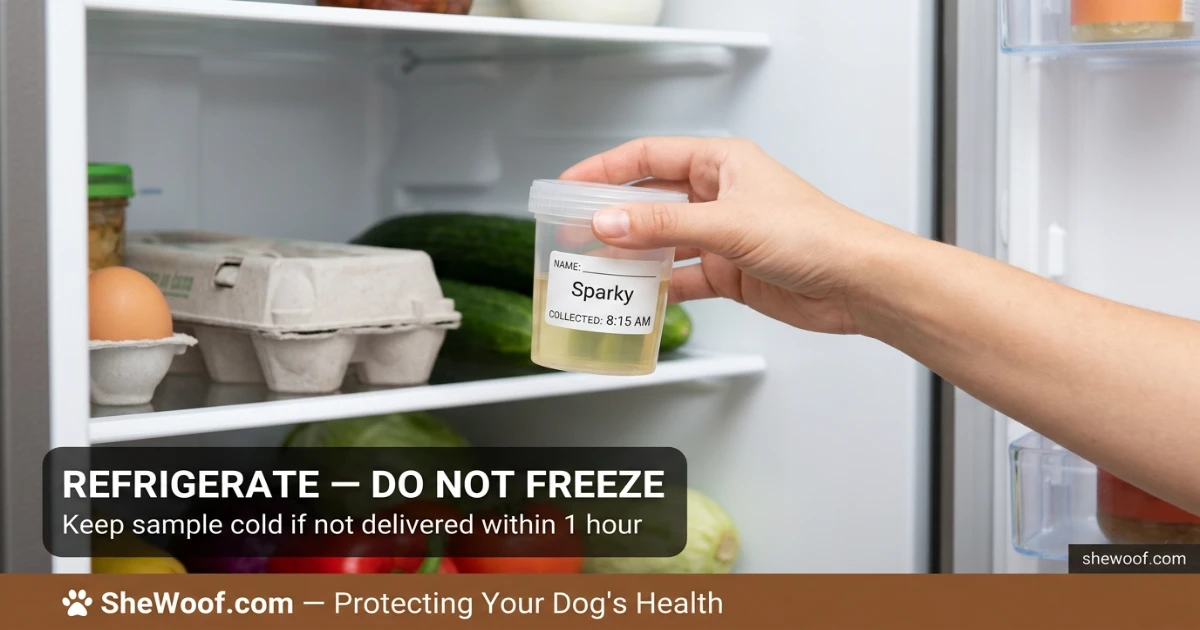 Sealed dog urine sample container being placed in a refrigerator for proper storage