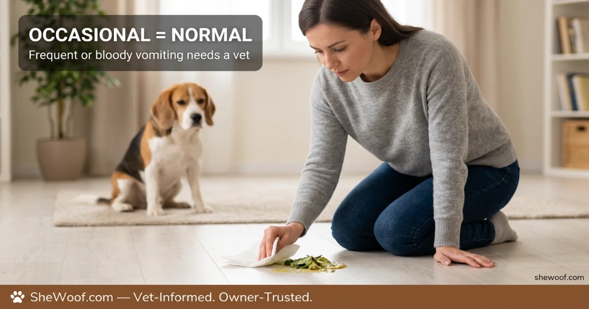 Concerned pet owner cleaning up after dog vomited leaves on the floor