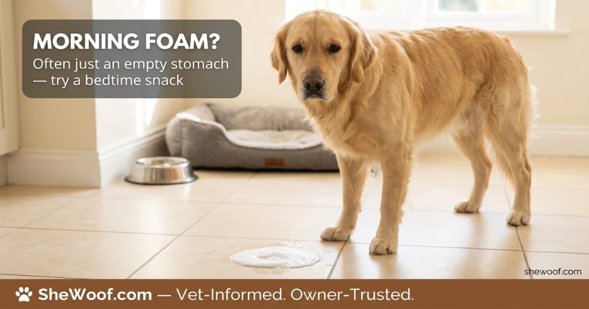 Dog standing in a kitchen in the morning near a small puddle of white foam on the floor