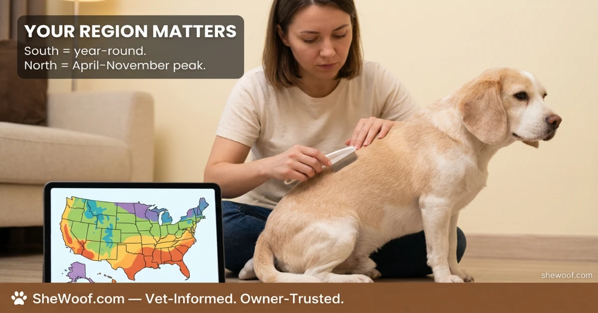 Dog owner checking their dog for fleas with a flea comb during peak season