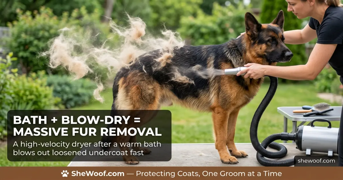 German Shepherd being dried with a high-velocity pet dryer to blow out loose undercoat after a bath