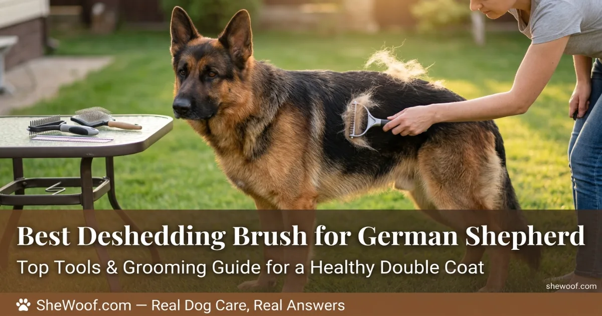 German Shepherd being brushed with an undercoat rake to remove loose shedding fur