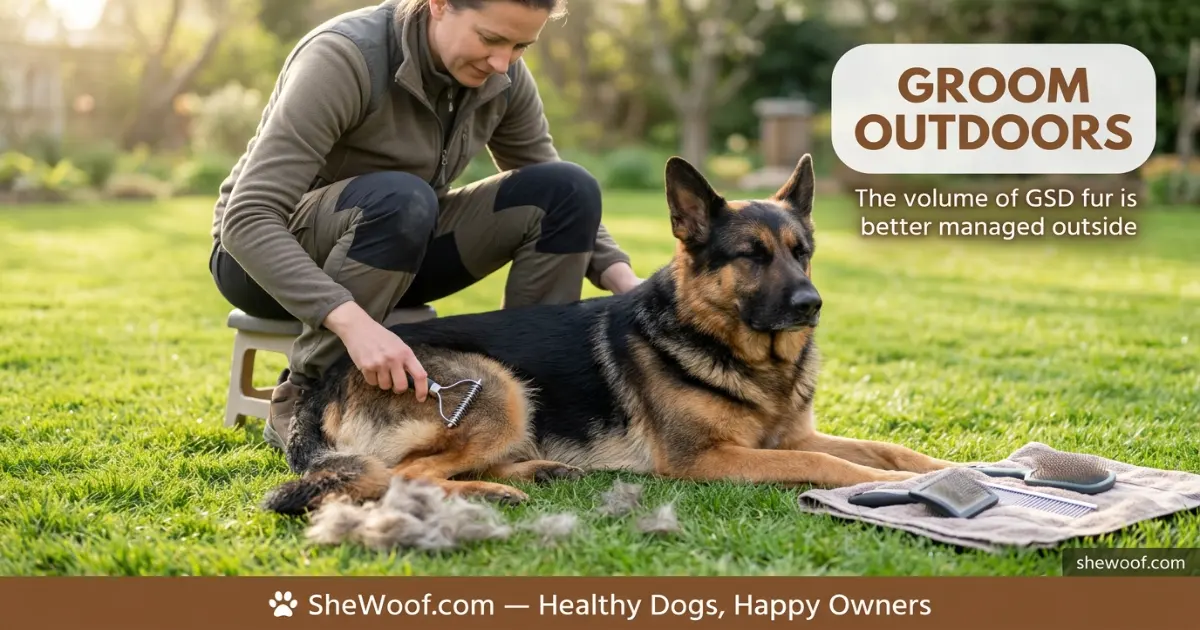 Owner brushing a German Shepherd outdoors with an undercoat rake during a sunny grooming session