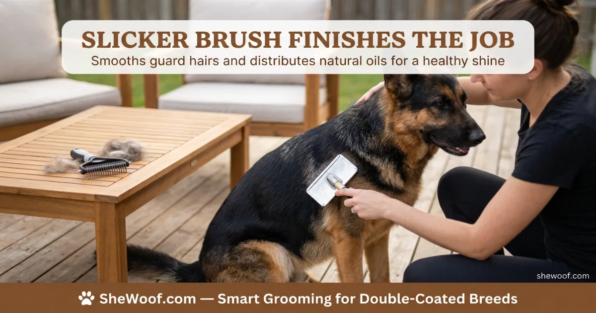 German Shepherd being brushed with a slicker brush to smooth guard hairs after deshedding