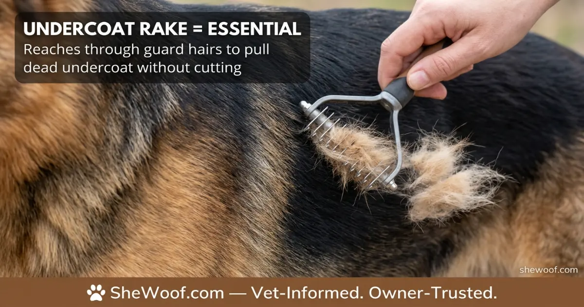 Close-up of an undercoat rake tool removing loose fur from a German Shepherd's thick coat
