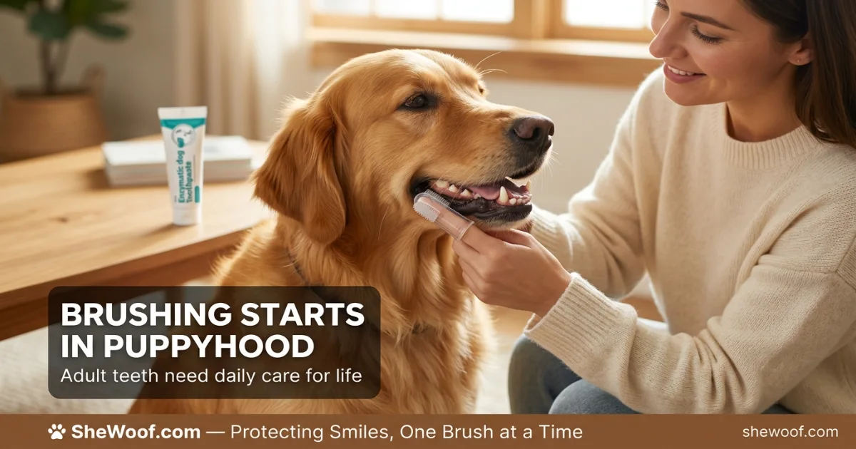 Healthy adult Golden Retriever getting teeth brushed by owner for dental care routine