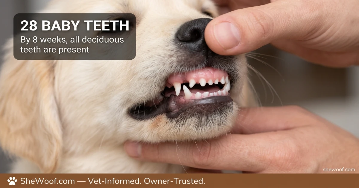 Close-up of a Golden Retriever puppy's mouth showing small baby teeth before adult teeth erupt