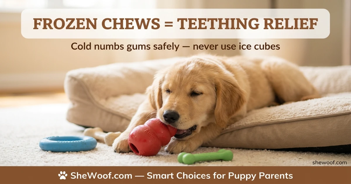 Golden Retriever puppy happily chewing on a frozen Kong toy for teething relief