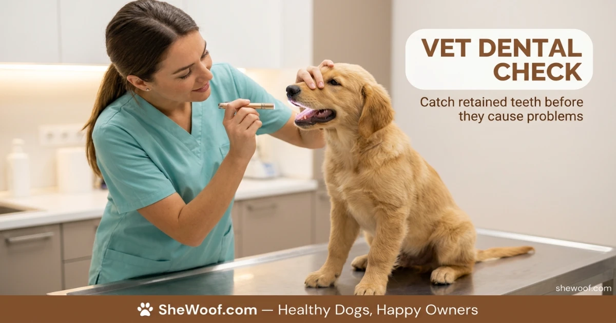 Veterinarian examining a Golden Retriever's teeth during a routine puppy wellness check