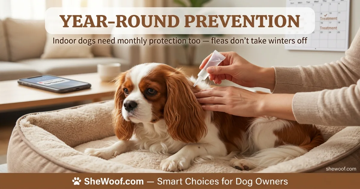 Small dog relaxing indoors while owner applies monthly flea prevention treatment