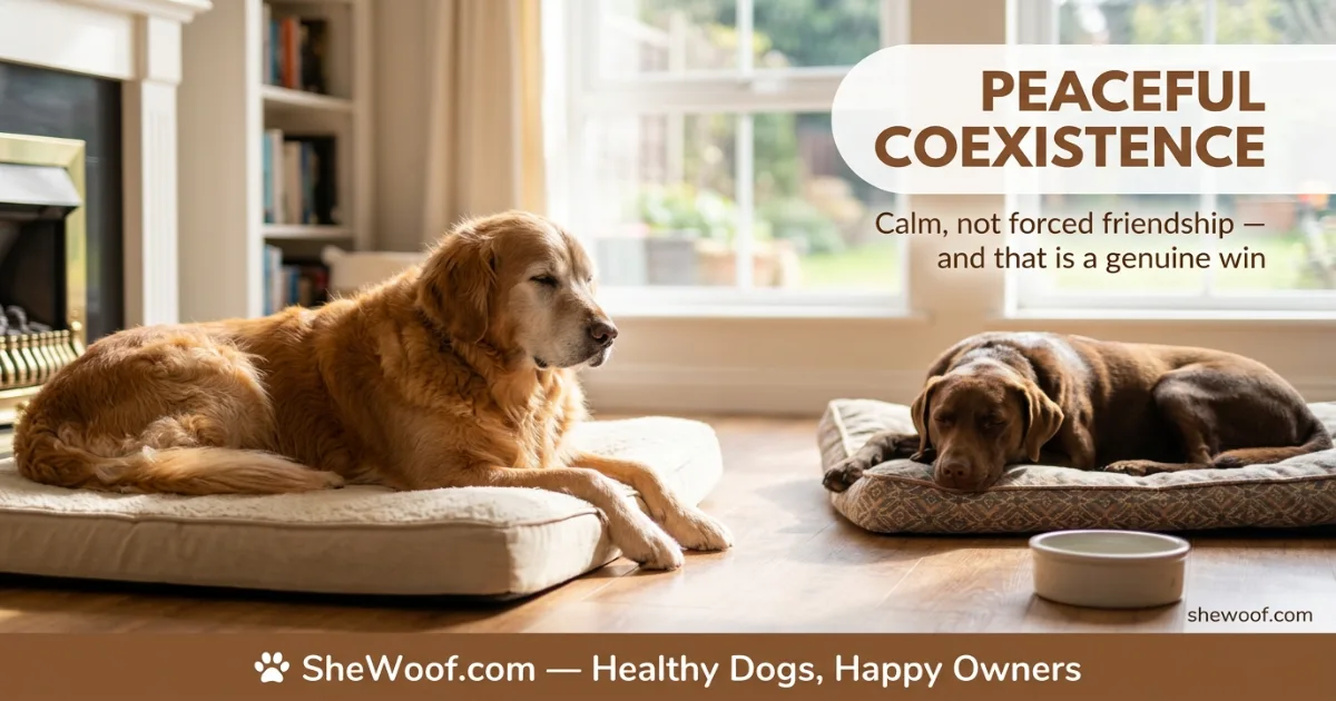 Senior dog and younger dog resting calmly in the same room after successful integration