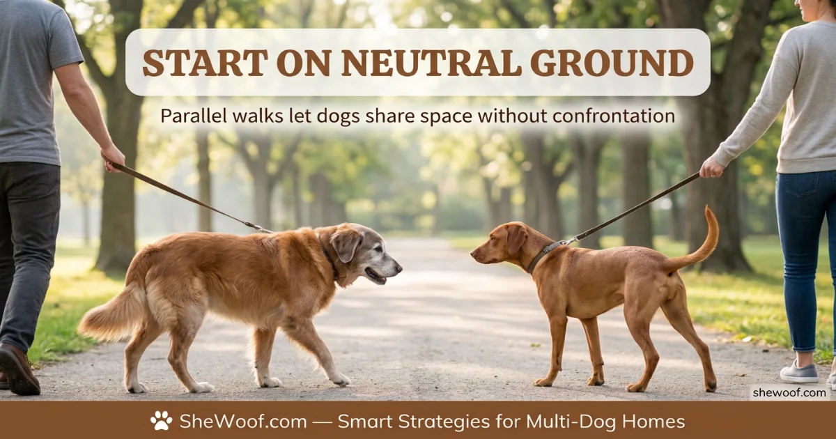 Two dogs walking parallel on leashes during a neutral territory introduction with handlers