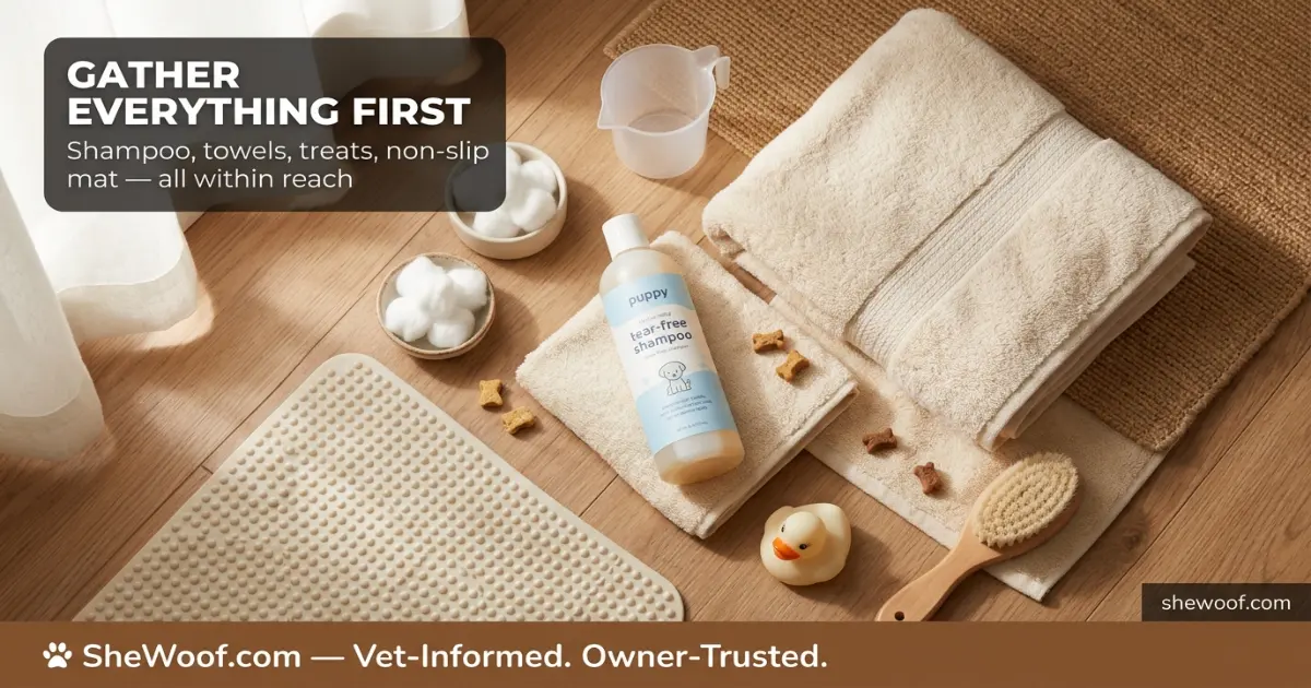 Puppy bath supplies laid out including puppy shampoo, towels, non-slip mat, and treats