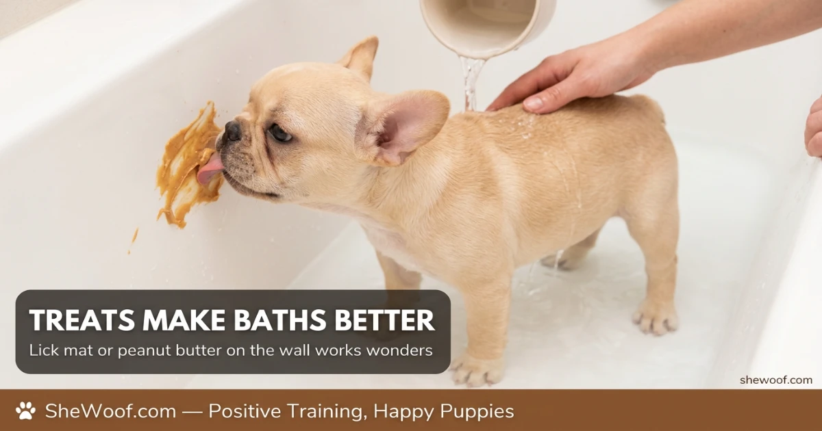 Owner giving treats to a puppy during bath time to create positive association with water