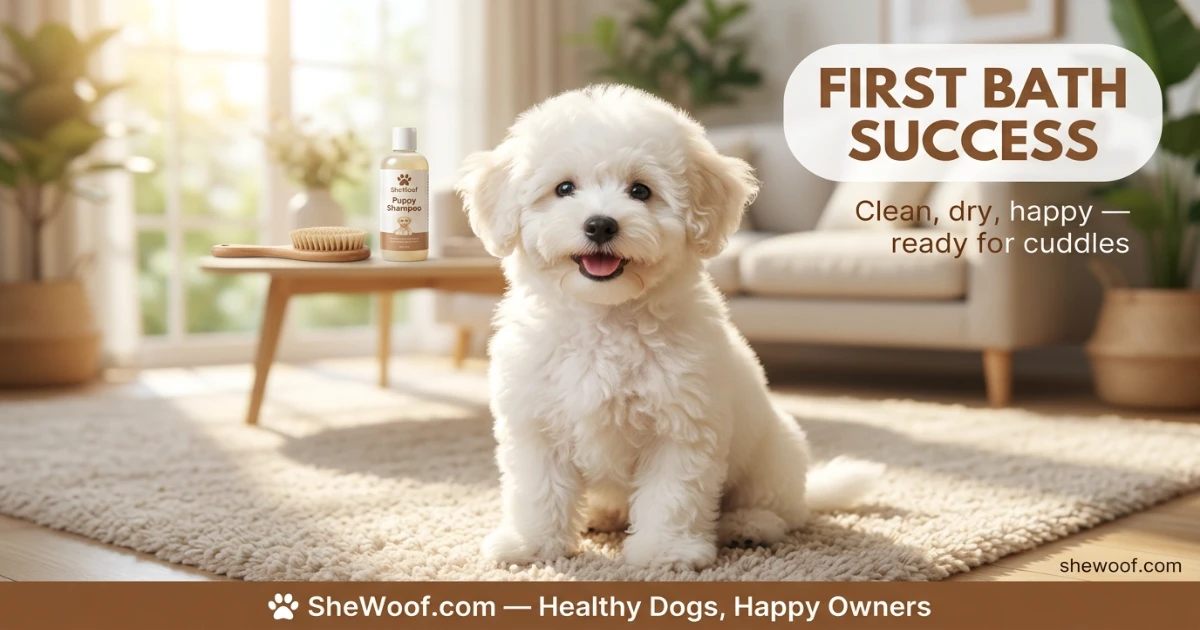 Clean fluffy puppy with healthy shiny coat resting after a successful first bath
