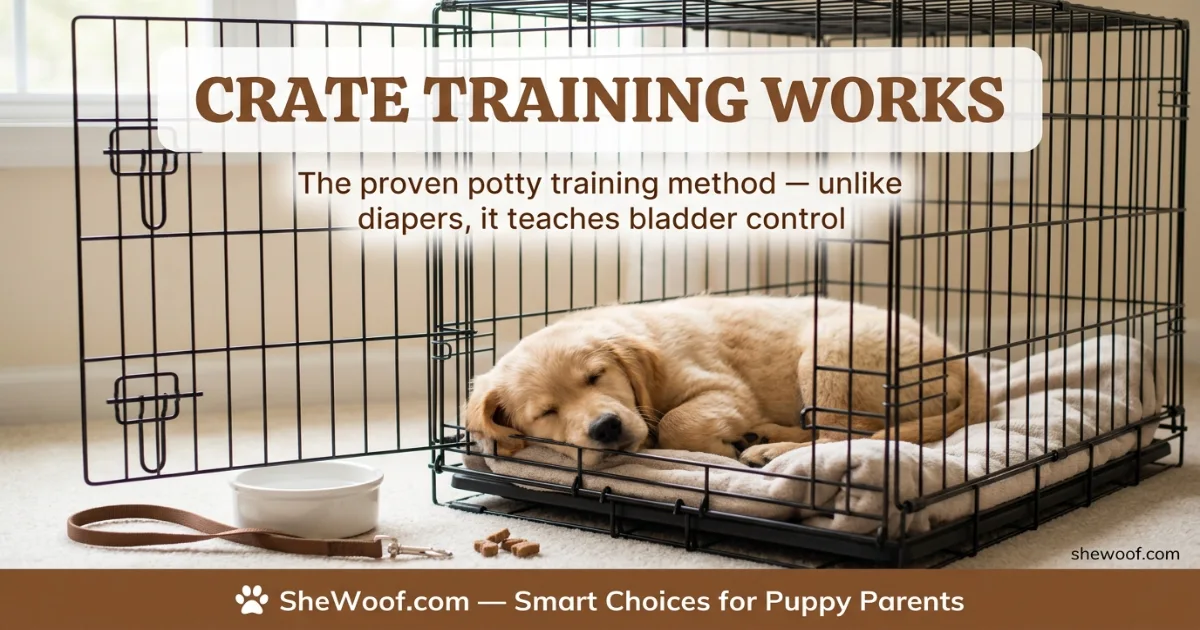 Young puppy resting calmly in a crate with a soft bed — a proven potty training tool