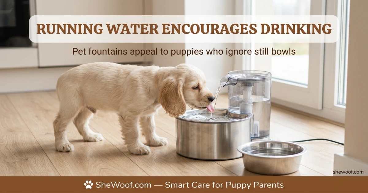 Puppy drinking from a pet water fountain with running filtered water
