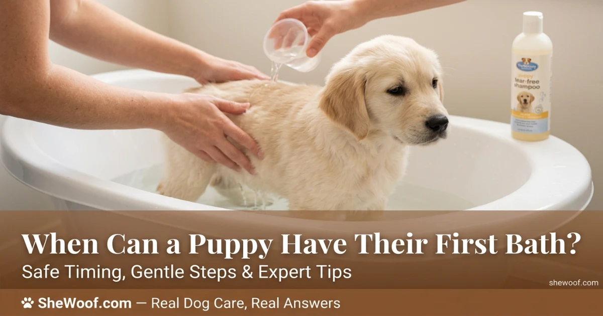 Young puppy receiving a gentle first bath with puppy-safe shampoo in a small tub