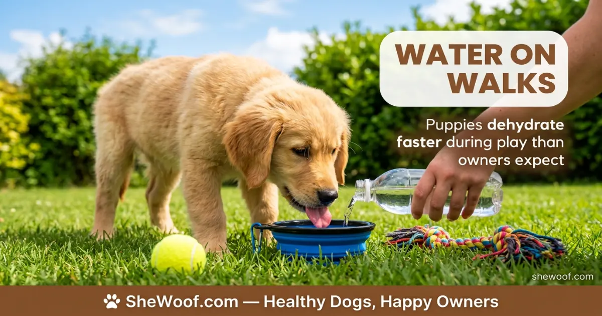 Puppy drinking water from a portable bowl during an outdoor play session