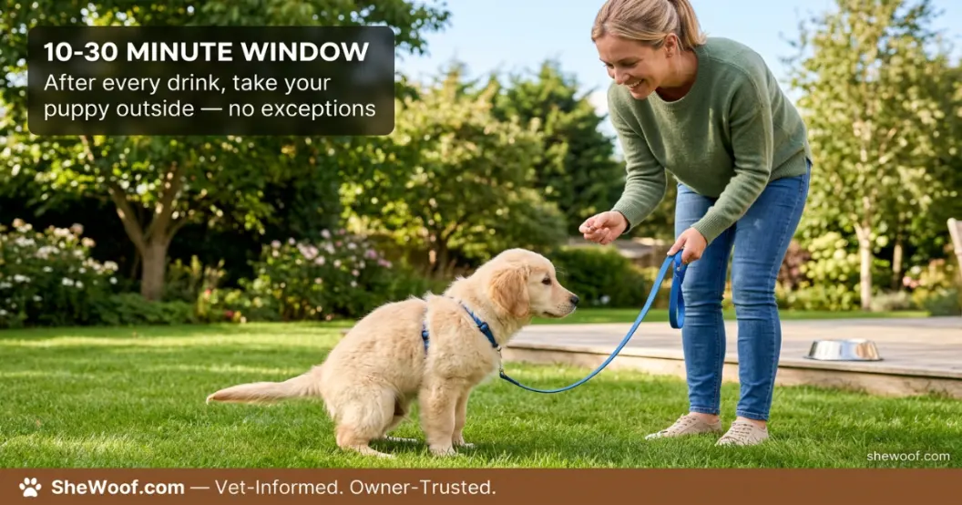 Owner taking a young puppy outside on a leash immediately after the puppy drank water