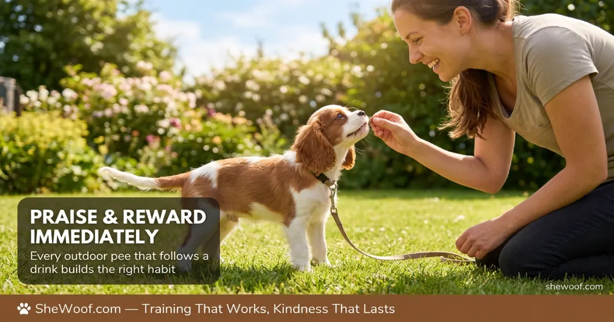 Happy puppy being praised by owner after successfully peeing outside during potty training