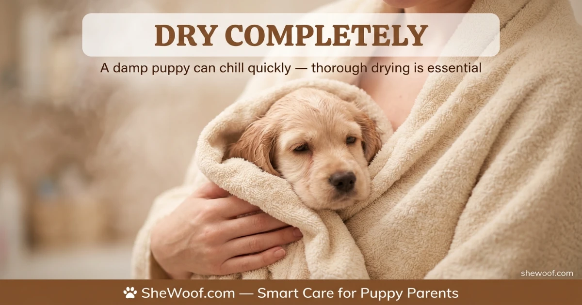 Puppy wrapped snugly in a warm fluffy towel after a gentle first bath