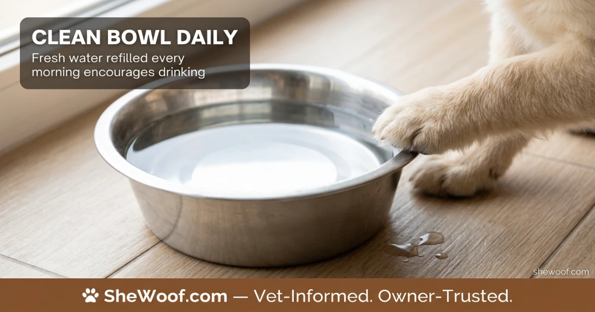 Clean stainless steel water bowl filled with fresh water for a puppy