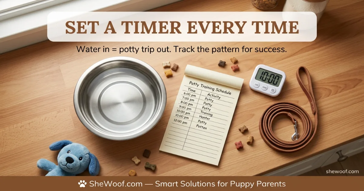 Puppy water bowl next to a written potty training schedule on a kitchen counter