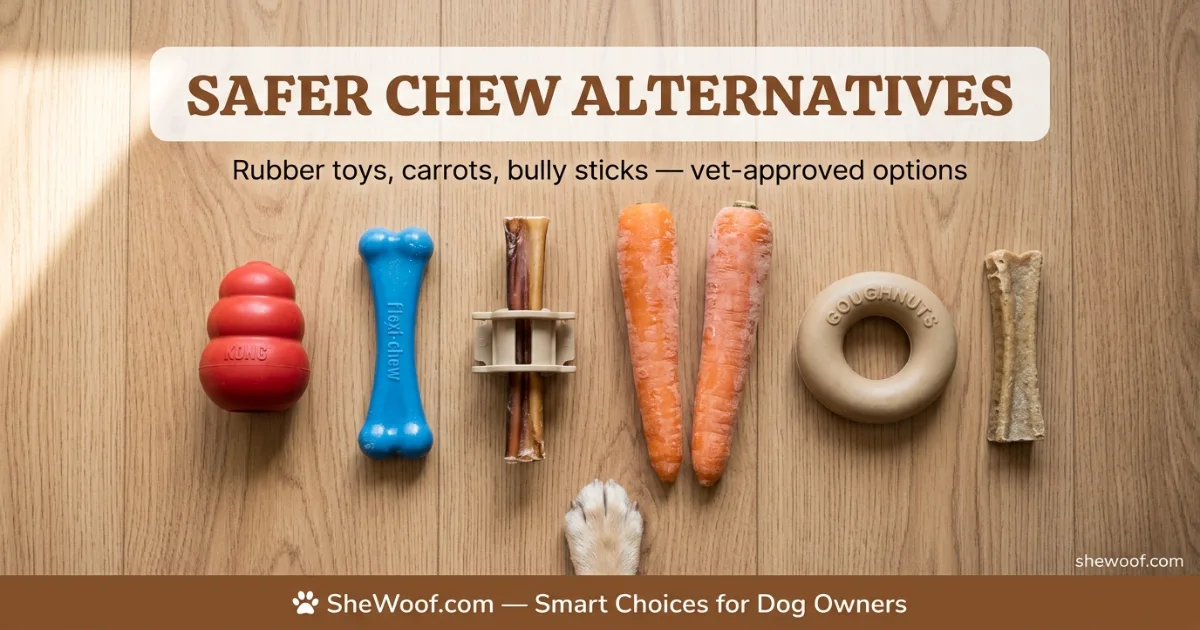 Collection of safe dog chew alternatives including rubber toys, carrots, and bully sticks
