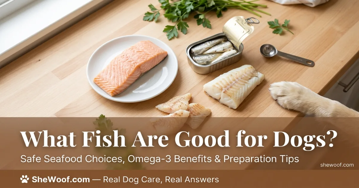 Selection of cooked safe fish for dogs including salmon, cod, and sardines in bowls
