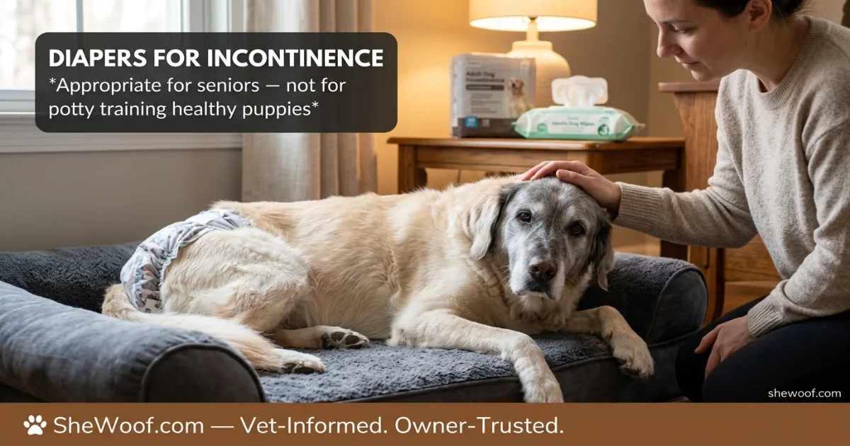Senior dog wearing a comfortable diaper for incontinence management while resting on a dog bed