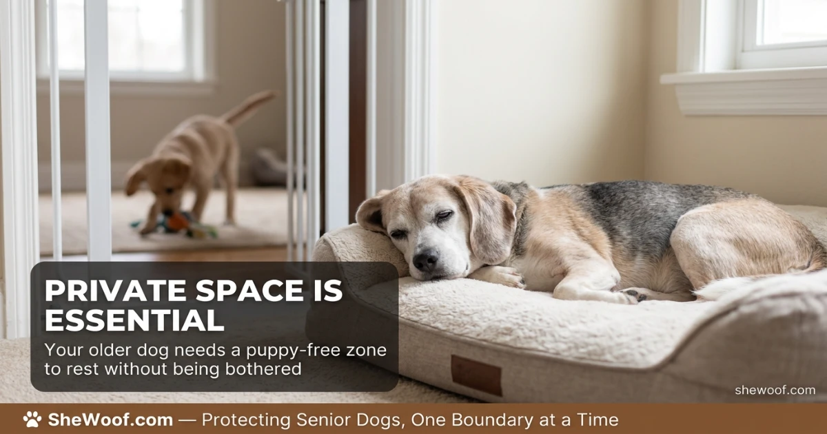 Senior dog resting peacefully in a private gated area while a puppy plays in another room