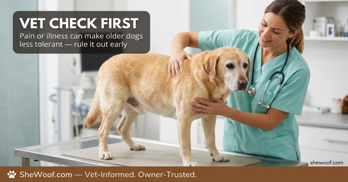 Veterinarian examining a senior dog before introducing a new dog to the household