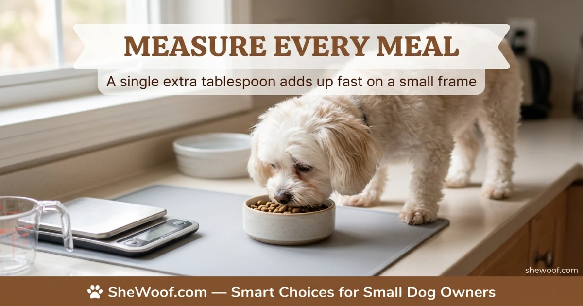 Senior small breed dog enjoying a measured meal of high-quality small-breed kibble