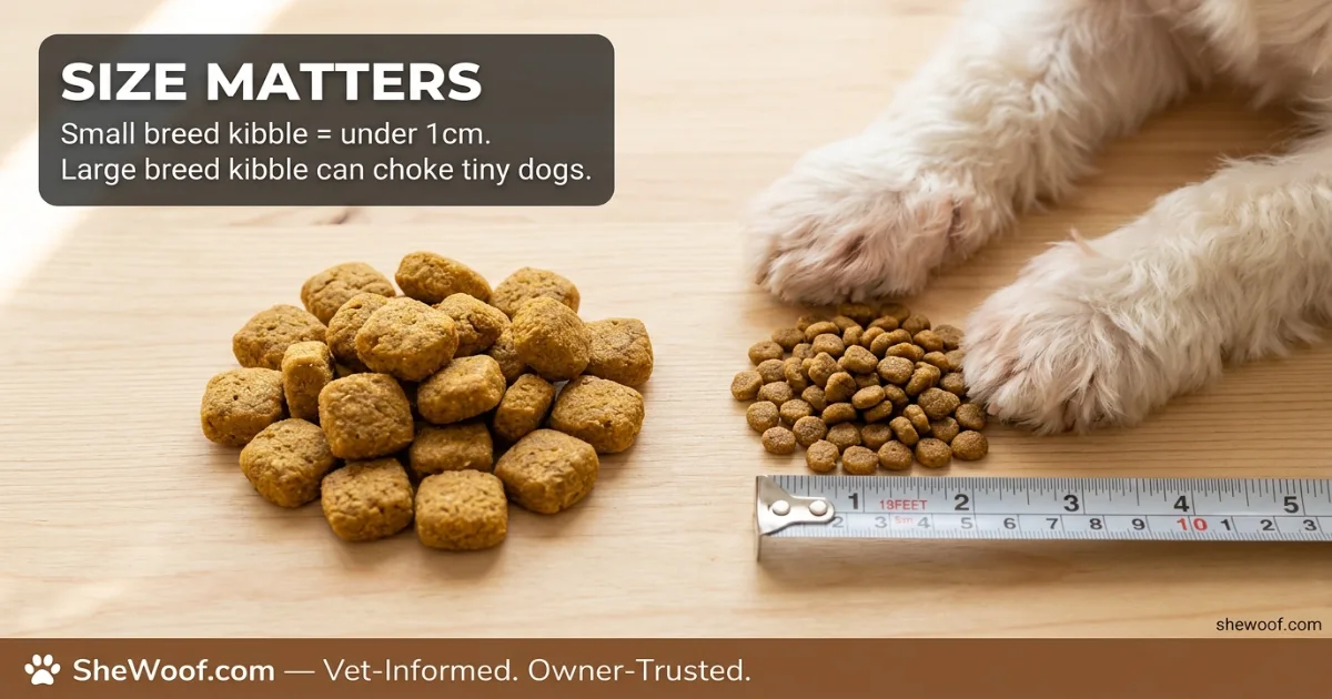 Side-by-side comparison of small breed kibble versus large breed kibble to show size difference
