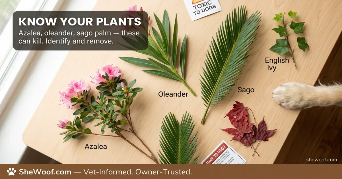 Collection of common toxic plants for dogs including azalea, oleander, and sago palm with identification labels
