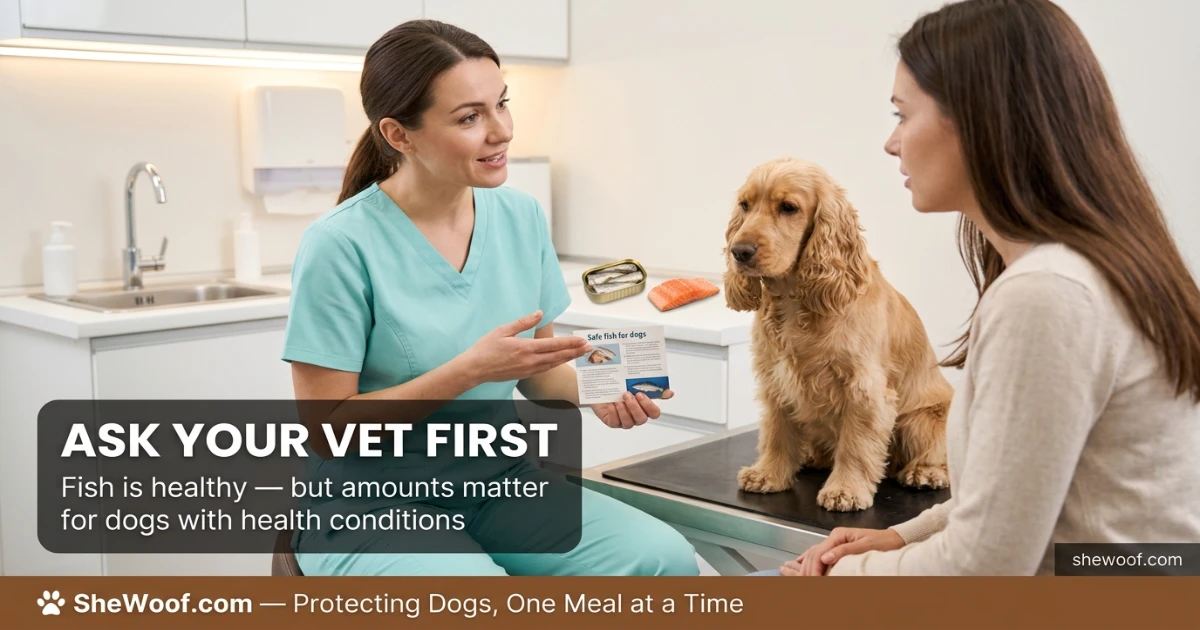 Veterinarian discussing fish-based diet options with a dog owner during a consultation