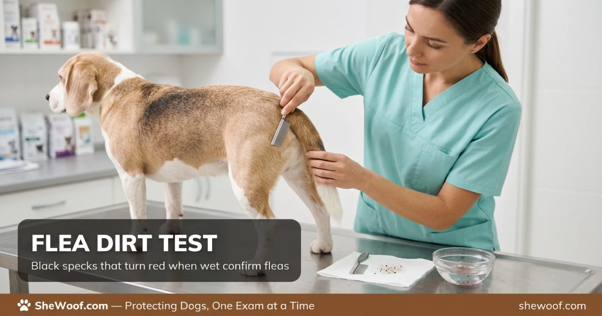 Veterinarian examining a dog's skin for flea bites and flea dirt in a clinic