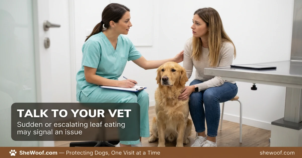 Veterinarian discussing dog's leaf eating and vomiting symptoms with concerned owner