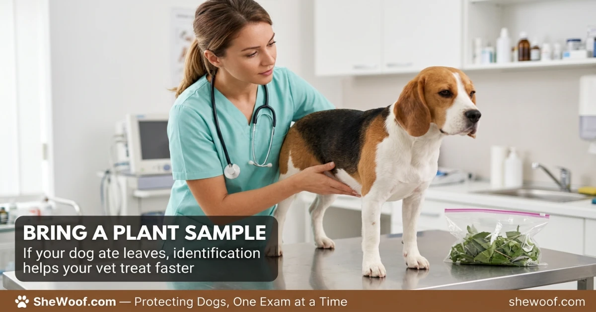 Veterinarian examining a dog's abdomen after the dog consumed a large amount of leaves and showed symptoms