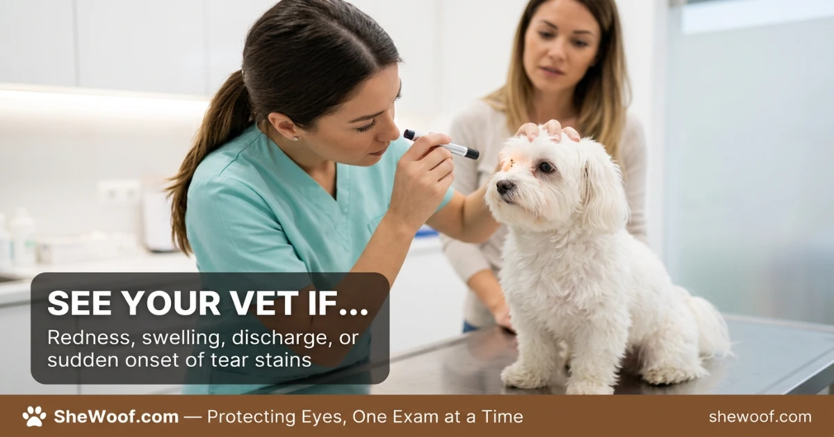 Veterinarian examining a small white dog's eyes for underlying causes of tear staining
