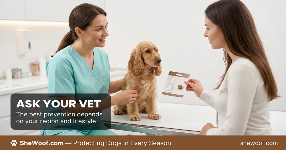 Veterinarian discussing flea prevention options with a dog owner during a clinic visit