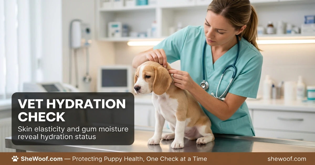 Veterinarian gently checking a puppy's skin elasticity for hydration status