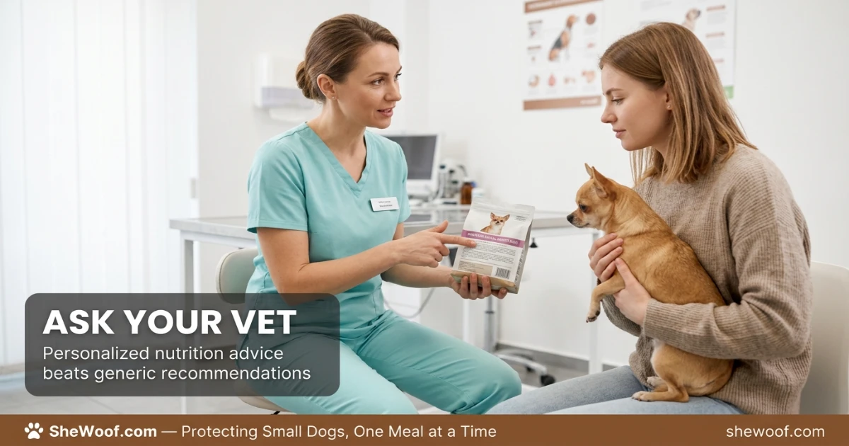 Veterinarian discussing small dog nutrition and healthy weight with a concerned owner
