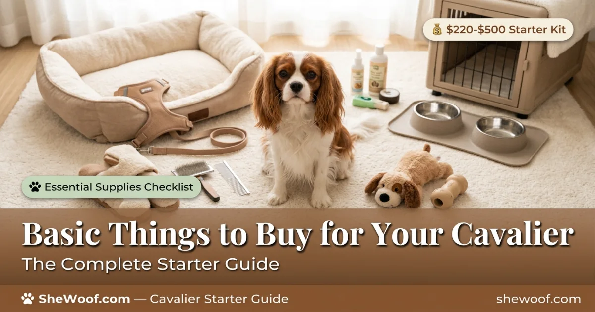 Cavalier King Charles Spaniel starter kit with bed, harness, brush, toys, and bowls