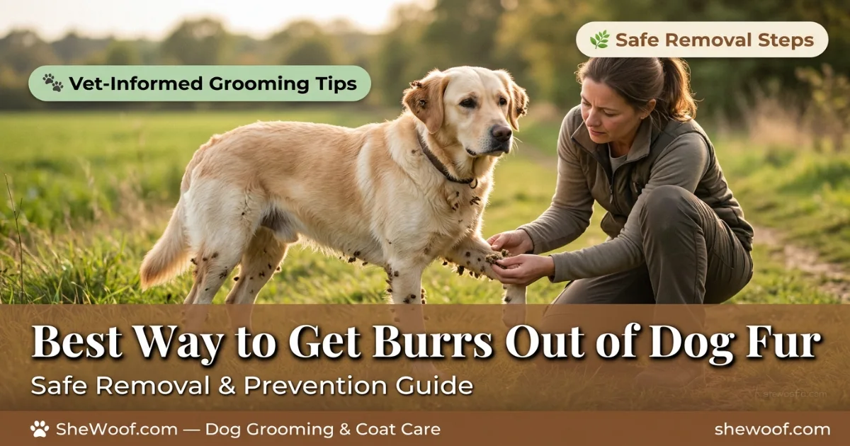 Dog with burrs stuck in its fur after a walk through tall grass