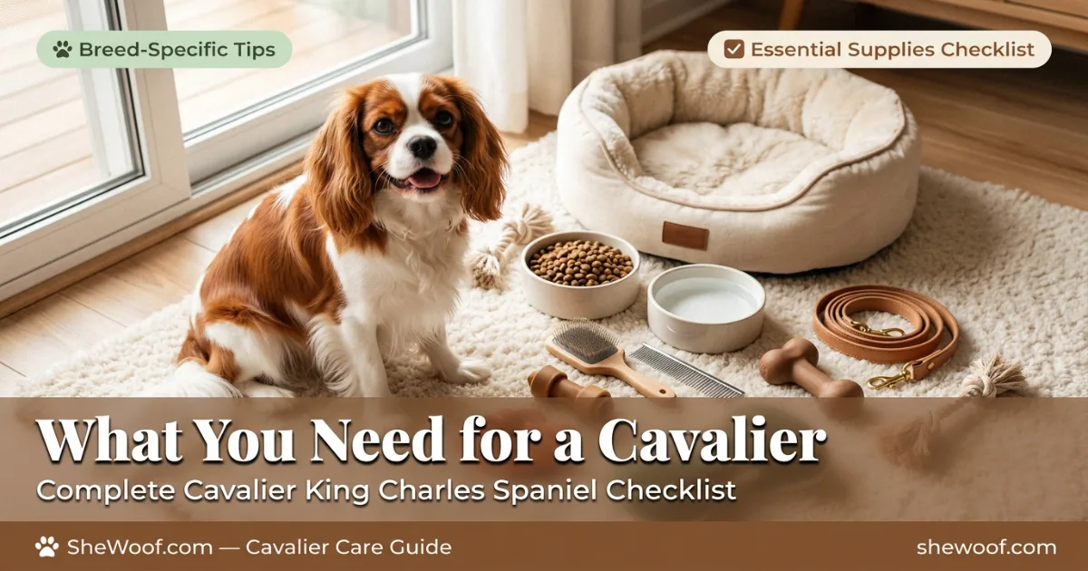 Cavalier King Charles Spaniel with essential supplies around — bed, brush, food bowl, toys